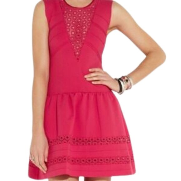 Maje Eyelet Scuba Fit & Flare Mini Dress Women's 2 Medium Pink Cocktail Party - Picture 1 of 13